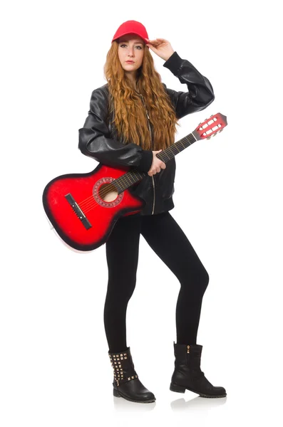 Mooi meisje met gitaar geïsoleerd op wit — Stockfoto