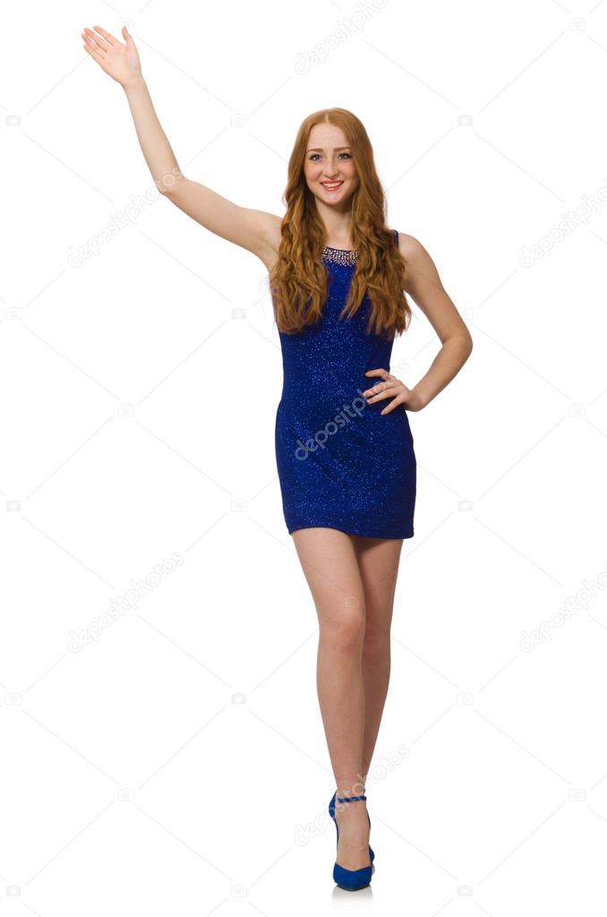 Pretty red hair girl in blue dress isolated on white