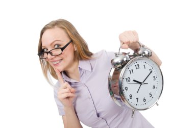 Çalar saati tutan genç çalışan beyaza izole edildi