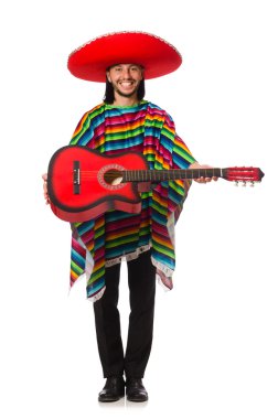 Meksikalı gitar üzerinde beyaz izole tutan canlı panço