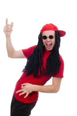 Pozitif çocuk üzerinde beyaz izole mikrofon ile