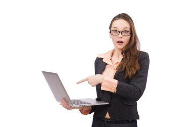 Bilgisayarlı çalışan bayan beyaza izole edildi.