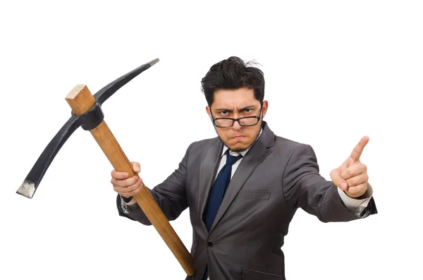 Young businessman holding a tool isolated on white — Stock Photo, Image