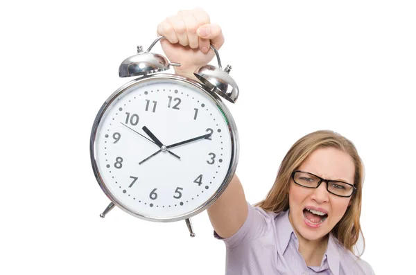 Joven empleado sosteniendo reloj despertador aislado en blanco — Foto de Stock