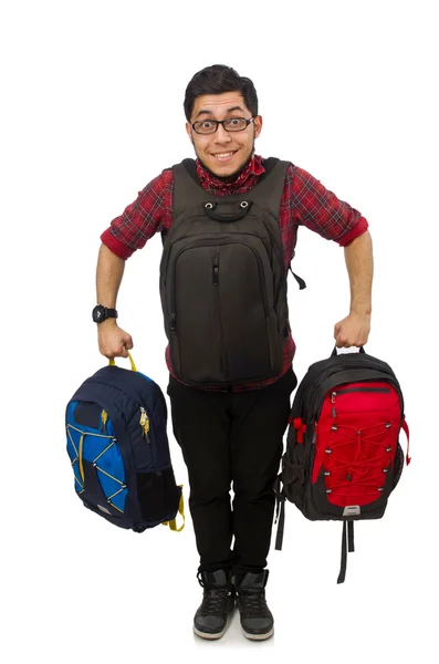 Young man with bags isolated on white — Stock Photo, Image