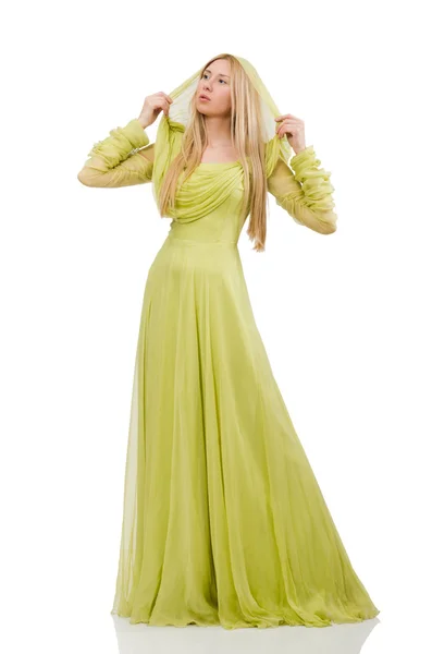Menina bonita em vestido verde elegante isolado no branco — Fotografia de Stock