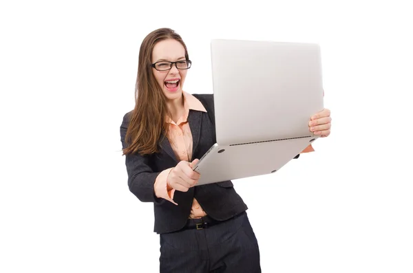 Werkvrouw met laptop geïsoleerd op wit — Stockfoto