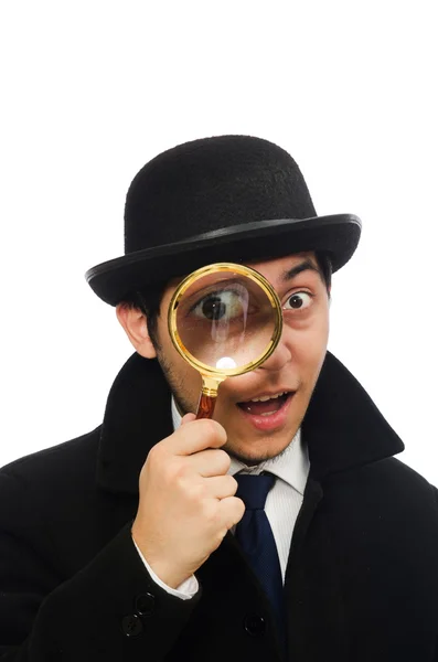 Sherlock Holmes with magnifying glass isolated on white — Stock Photo, Image