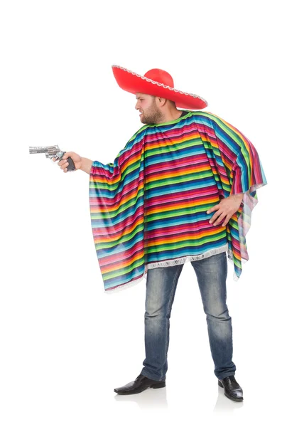 Funny mexican holding pistol isolated on white — Stock Photo, Image