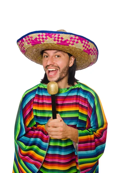 Knappe man in levendig poncho houden maracas geïsoleerd op wit — Stockfoto