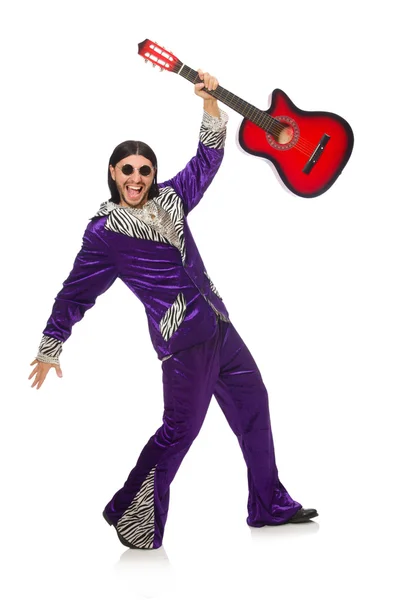 Man in funny clothing holding guitar — Stock Photo, Image