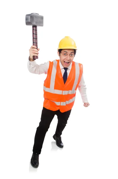 Construction worker with hammer isolated on white — Stock Photo, Image