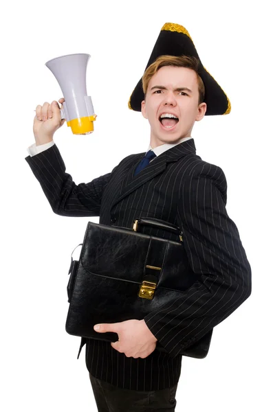 Young man in costume with pirate hat — Stock Photo, Image