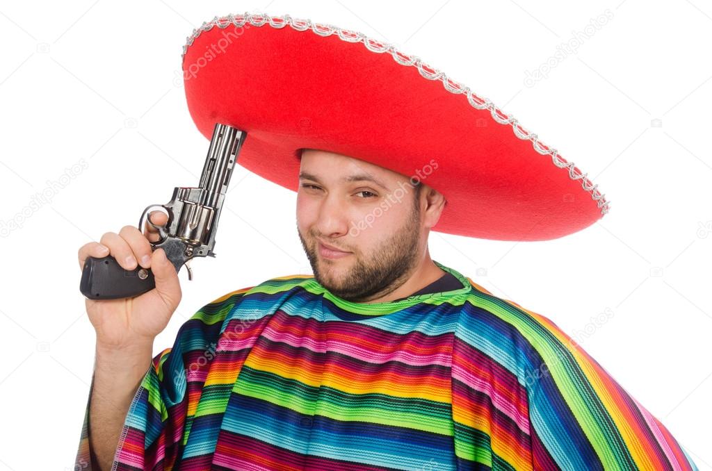 Funny mexican holding pistol isolated on white