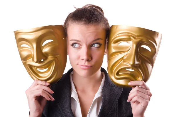 Woman with mask in hypocrisy concept — Stock Photo, Image