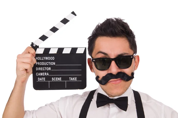 Whiskered joven con clapperboard aislado en blanco —  Fotos de Stock