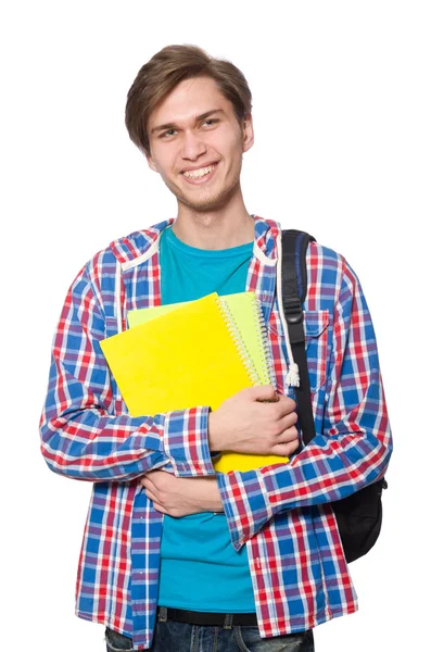 Estudiante divertido con libros aislados en blanco — Foto de Stock