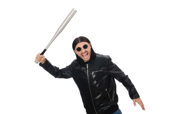 Homem agressivo com bastão de beisebol no branco — Fotografia de Stock