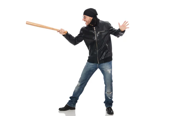 Agressieve man met honkbalknuppel op wit — Stockfoto