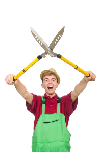 Muž s nůžky izolovaných na bílém — Stock fotografie