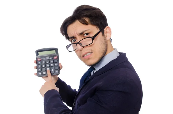 Hombre divertido con calculadora aislado en blanco — Foto de Stock