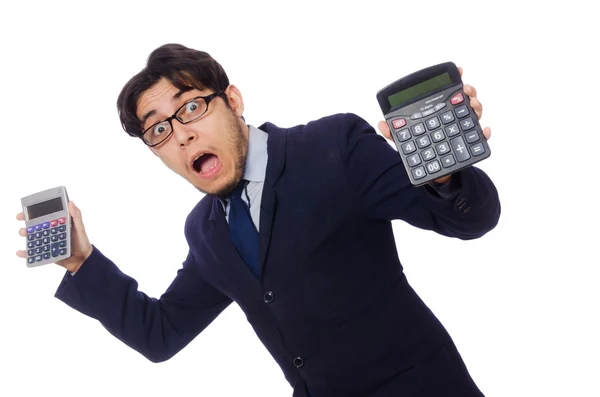 Homme drôle avec calculatrice isolé sur blanc — Photo