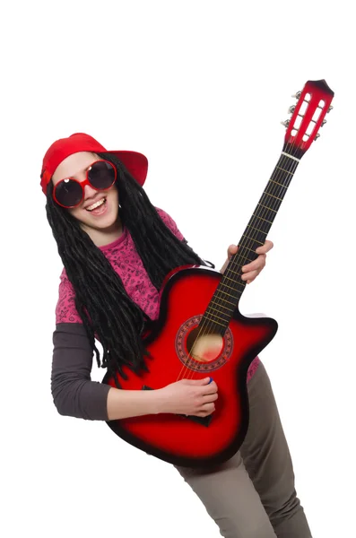 흰 바탕에 고립 된 여자 기타 연주자 — 스톡 사진