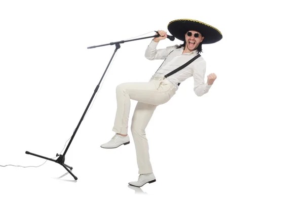 Grappige man draagt Mexicaanse sombrero hoed geïsoleerd op wit — Stockfoto