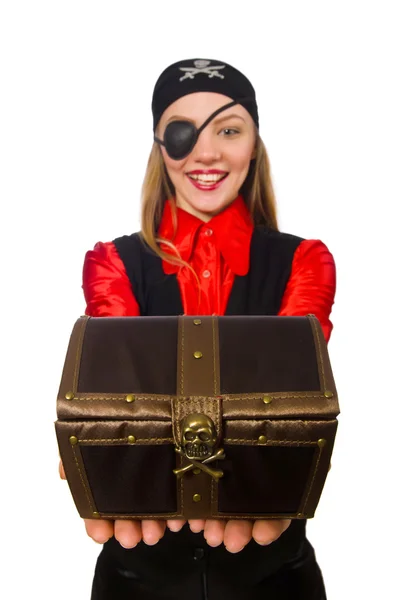 Pirate girl holding chest box — Stock Photo, Image