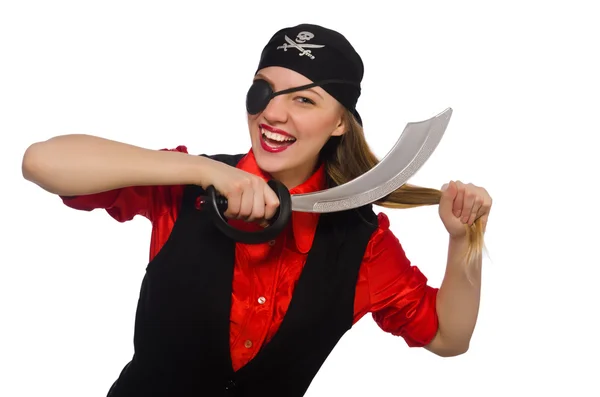 Hübsches Piratenmädchen hält Schwert isoliert auf weißem Grund — Stockfoto