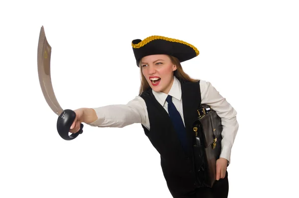 Pirate meisje holding zak en zwaard geïsoleerd op wit — Stockfoto