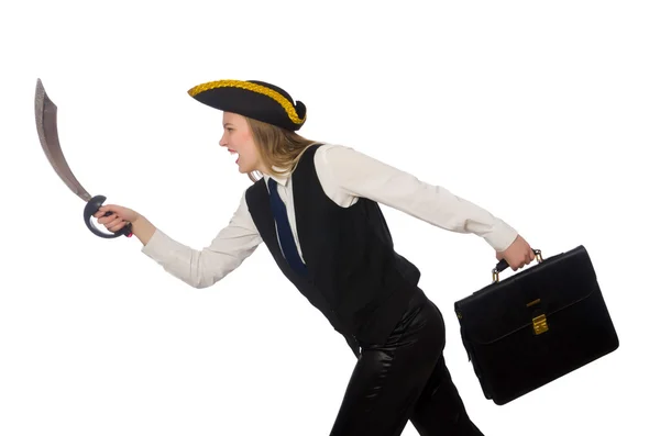 Pirat girl innehar väska och svärd isolerad på vit — Stockfoto