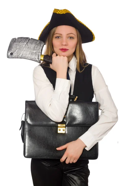 Pretty pirate girl holding case and chopper isolated on white — Stock Photo, Image