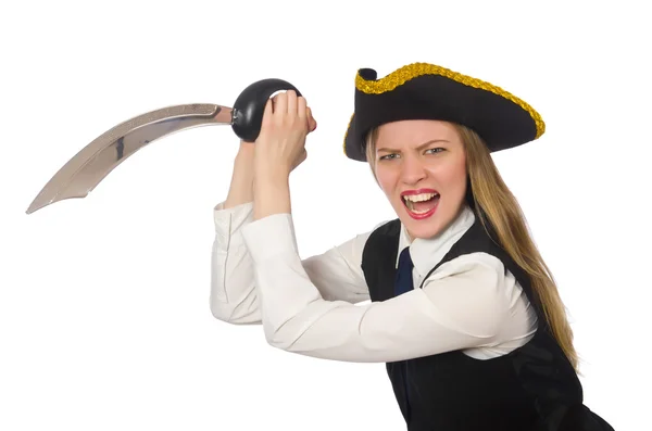 Menina pirata bonita segurando espada isolada no branco — Fotografia de Stock