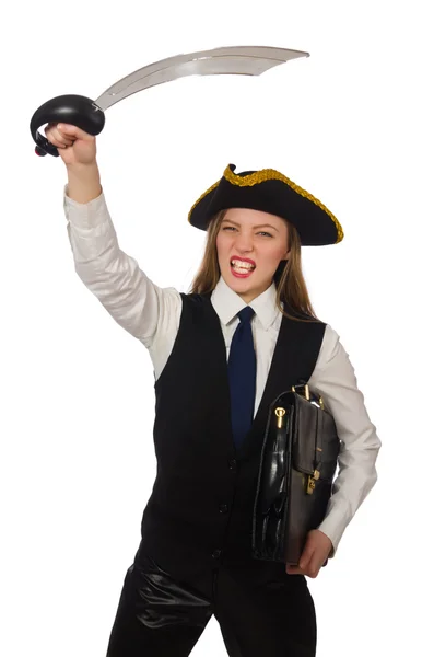 Pirat pige holder taske og sværd isoleret på hvid - Stock-foto