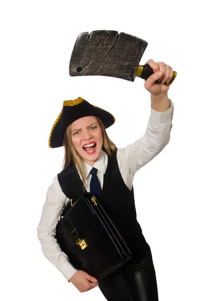 Ładny pirat dziewczynka gospodarstwa sprawy i chopper na białym tle — Zdjęcie stockowe
