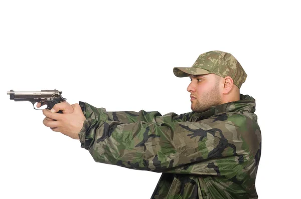 Solider segurando arma isolada no branco — Fotografia de Stock