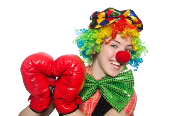 Clown femelle avec des gants de boîte isolés sur blanc — Photo