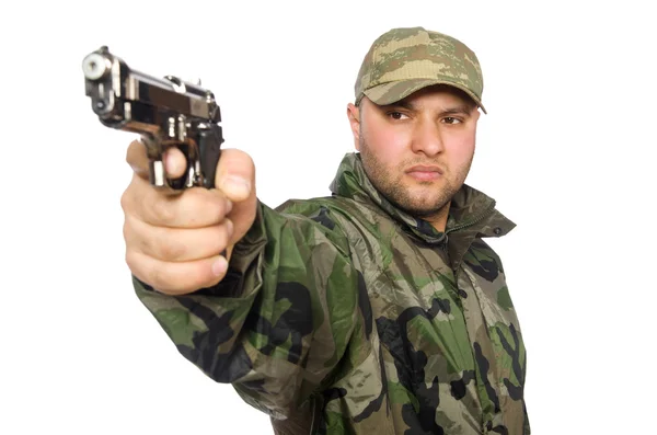 Solider holding gun isolated on white — Stock Photo, Image