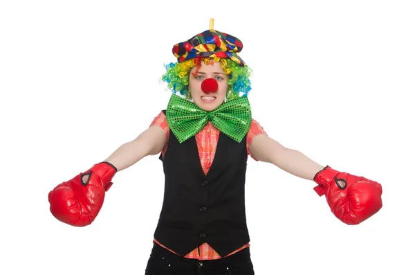 Vrouwelijke clown met box handschoenen geïsoleerd op wit — Stockfoto