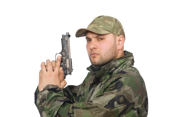 Soldato in possesso di pistola isolata su bianco — Foto Stock