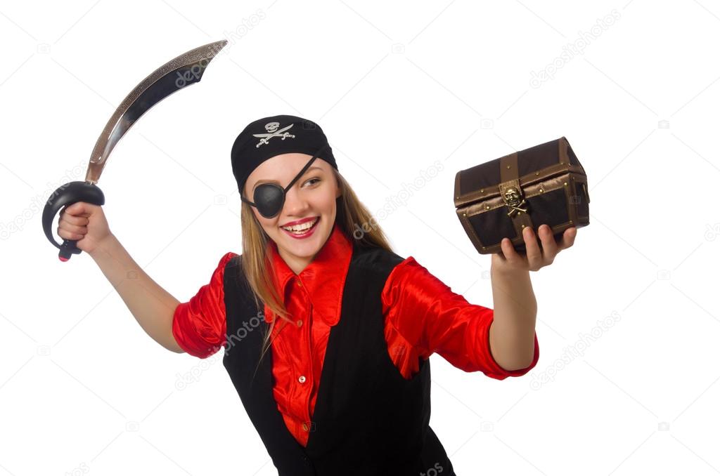 Pirate girl holding chest box and sword isolated on white