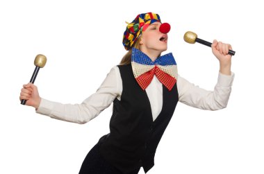 Çok kadın palyaço ile üzerine beyaz izole marakas