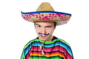 Komik genç Meksikalı yanlış bıyıklı beyaz izole.