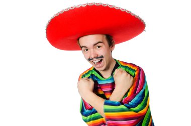 Komik genç Meksikalı yanlış bıyıklı beyaz izole.