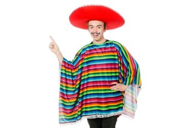 Komik genç Meksikalı yanlış bıyıklı beyaz izole.