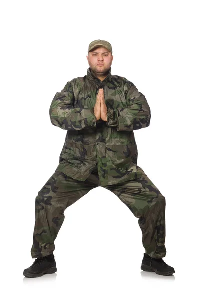 Jovem em uniforme de soldado isolado em branco — Fotografia de Stock