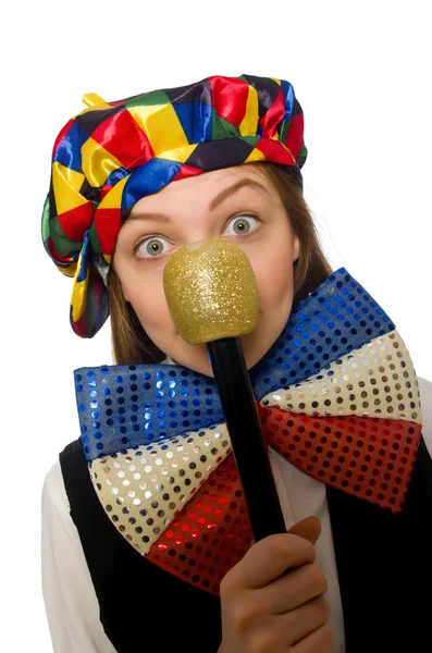 Vrij vrouwelijke clown met maracas geïsoleerd op wit — Stockfoto