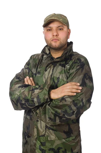 Jovem em uniforme de soldado isolado em branco — Fotografia de Stock