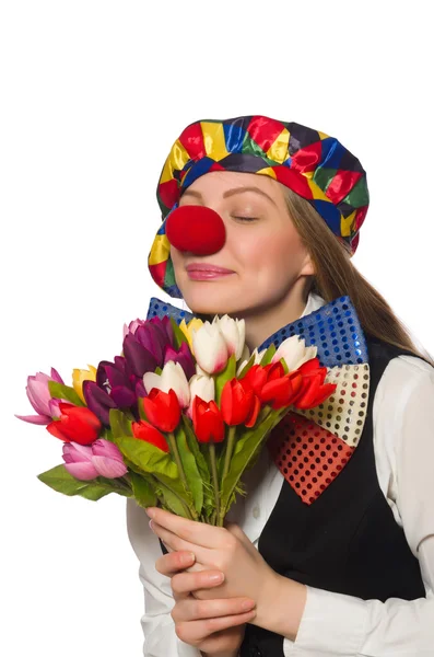 Красавица клоун с цветами изолированы на белом — стоковое фото